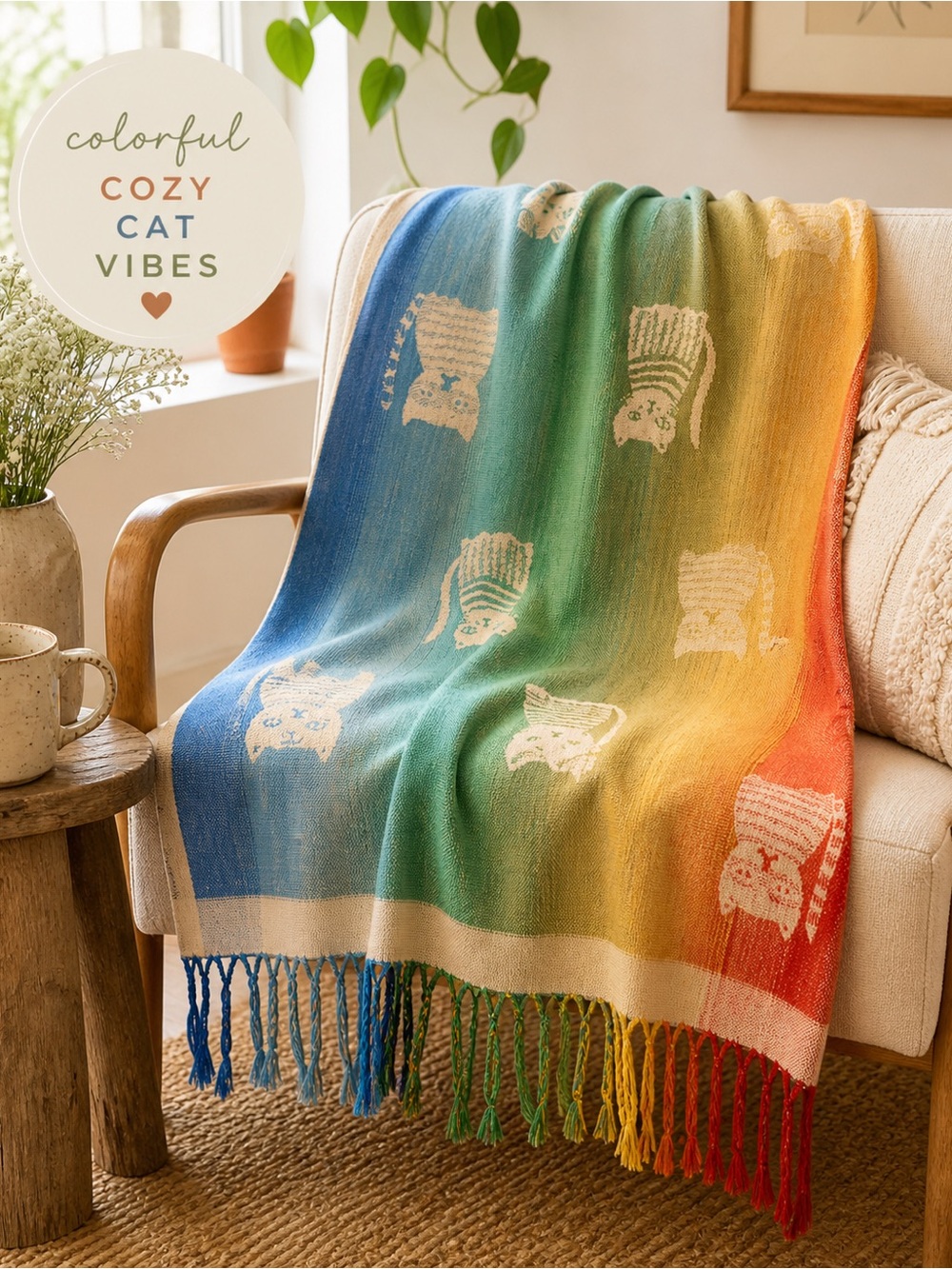 pashmina Rainbow Cat Woven Throw BlanketFringe Boho Cottagecore Kawaii WrapScarf